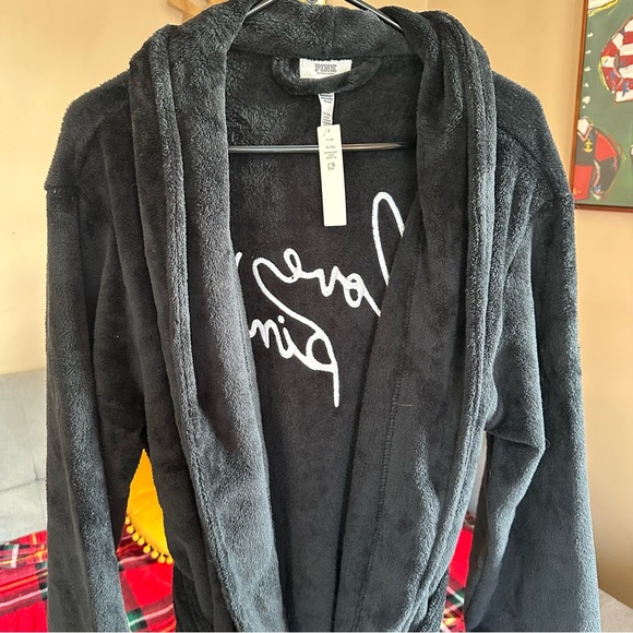 NWT VS PINK Victoria's Secret Love Pink Black Plush Robe XL / XXL - Picture 4 of 6